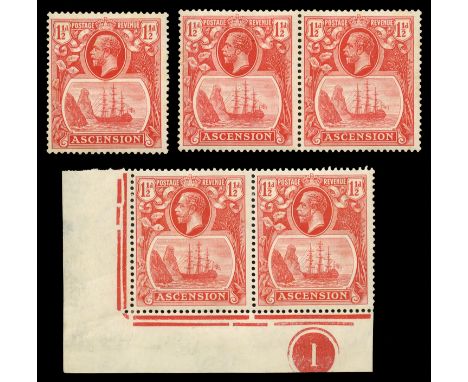 1924-33 Badge of St Helena 1½d rose-red, a single and two  horizontal pairs (one from lower left corner) varieties Broken mai
