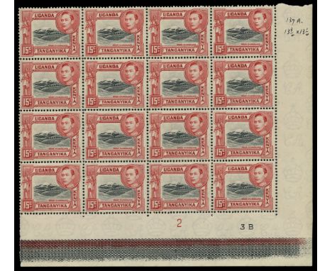 1938-54 15c black and rose-red 'Kilimanjaro' perf 13¾ x 13¼ (SG 137a), lower right corner block of sixteen with plate '2' and