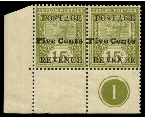 1890 'Five Cents' (type 36) on 15c olive-green, lower left corner horizontal pair, the right stamp variety Inverted 's' in 'C