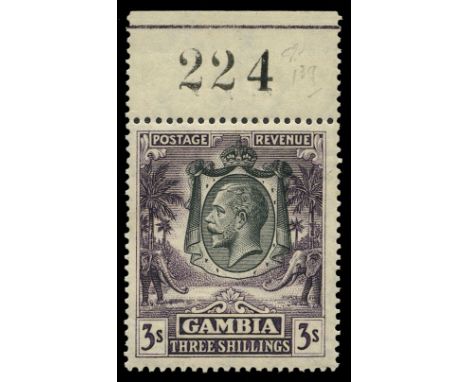 1922-29 3s slate-purple (SG 139), upper marginal showing plate number '224',, small pencil mark and light toning on gum, full