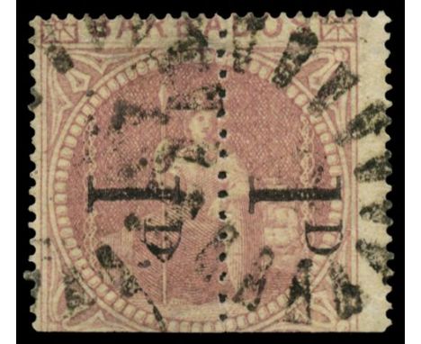 1878 1d surcharge (type 3b) on half 5s dull rose, Unsevered pair (SG 87a), used with two strikes of the 'boot heel' cancel, a