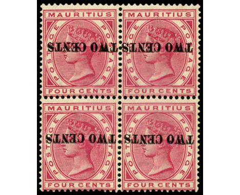 1891 'TWO CENTS' (type 32) on 4c carmine, 'Surcharge inverted' (SG 118a), block of four top pair large part o.g., lower pair 