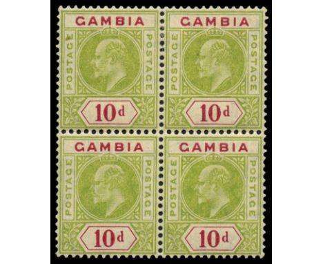 1904-06 10d olive and carmine block of four, the upper right stamp variety Dented frame, pos. 1/6 from the left pane (SG 66/a