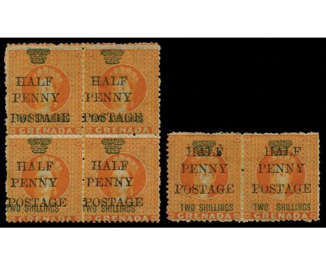 1888-91 'HALF PENNY' (type 17) surcharge on 1½d orange, block of four, the lower right stamp variety First S' in 'SHILLING' i