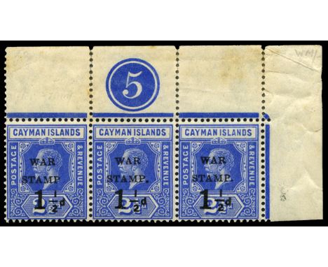 1917  (26 Feb) '1½d' (type 14) top marginal horizontal strip of three, the left stamp with Missing stop after 'Stamp', pos. 1