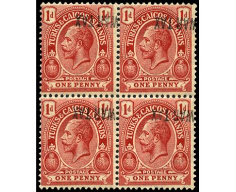 1917 (3 Jan) 1d red overprinted 'WAR TAX' (type 40) at bottom of stamp, block of four showing error Overprint inverted at top