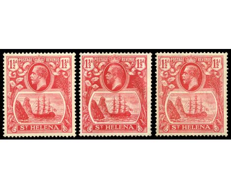 1922-37 Watermark script 'CA' 1½d rose-red three examples with varieties Broken mainmast, Torn Flag and Cleft rock (pale shad