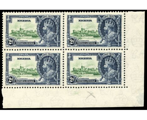 1935 'Silver Jubilee' 2d green and indigo, lower right corner block of four, the lower right stamp variety Kite and vertical 