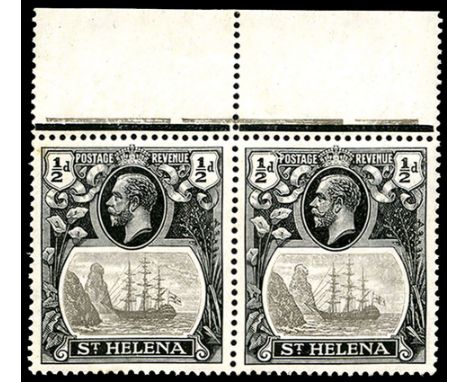 1922-37 Watermark script 'CA' ½d grey and black, top horizontal pair the right hand stamp with Damaged value tablet, pos. 1/4