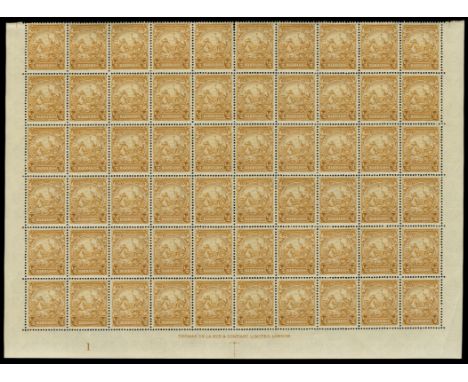 1938-47 ½d yellow-bistre lower marginal block sixty (10 x 6), the 4th stamp of the sixth row variety Recut line, pos. 10/6 (S