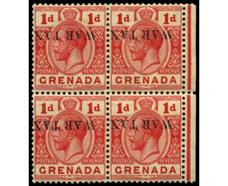 1916 1d red overprinted 'WAR TAX' (type 29) block of four all showing Inverted overprint, the upper left stamp with Small 'A'