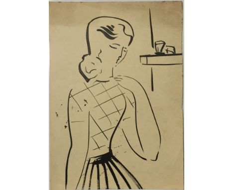 Miroslav Tichý (1926 - 2011) Untitled portrait of woman by mantlepiece, probably circa 1950s. Ink on paper with ink verso. 30