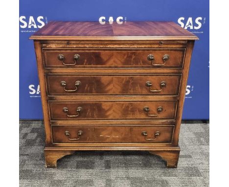 A 19th century flame mahogany and walnut crossbanded Batchelors chest, having four long drawers with green leather tooled ins