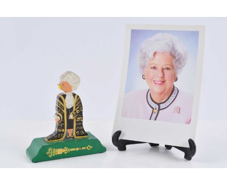 A wooden coloured silhouette cut out of Madam Speaker Boothroyd, dated 1997 and made by Tiggy Trotter, 10.5cm high x 9.5cm wi
