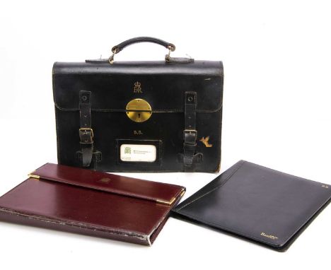 A black leather satchel briefcase, with Elizabeth II cypher and brass Chubb lock, with Betty Boothroyd MP West Bromwich West 