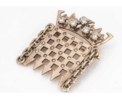 A yellow metal diamond and cz set House of Commons speakers brooch, often worn my the Speaker Baroness Boothroyd, 3 cm by 3 c