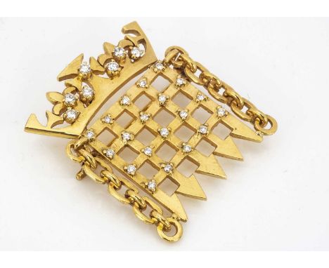 A high carat gold and diamond House of Commons brooch, worn by the speaker Betty Boothroyd in many portraits and parliament a