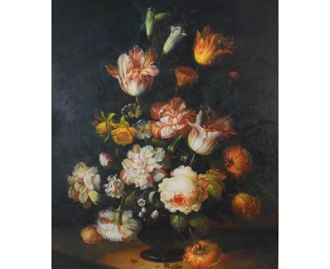 A framed 20th century oil on canvas still life of a vase of flowers, signed K. Alison. H.70 W.60cm. 