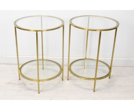 A pair of contemporary brass and glass lamp tables. H.62 D.46cm. 