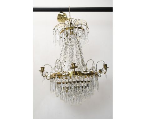 A basket chandelier with gilt metal frame and crystal swags and drops. H.90 W.55cm. 