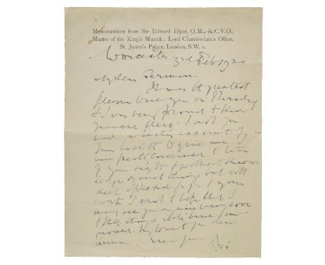*Elgar (Edward, 1857-1934). Autograph letter initialled, 'E.E.', Worcester, 3 February 1930,  to the composer [Edward] German
