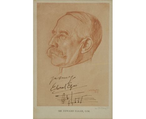 *Elgar (Edward, 1857-1934). Signed portrait with autograph musical quotation signed, circa 1920s,  bistre print from a Willia