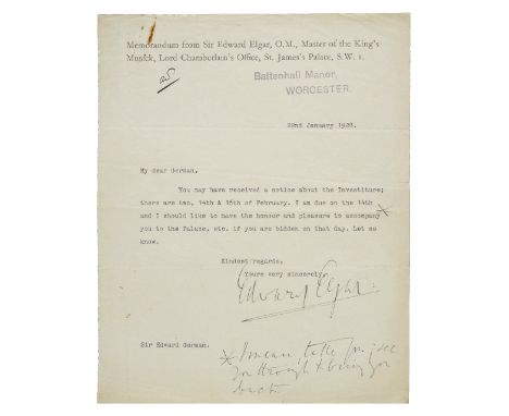 *Elgar (Edward, 1857-1934). Typed letter signed, 'Edward Elgar', Battenhall Manor, Worcester, 22 January 1928,  on memorandum