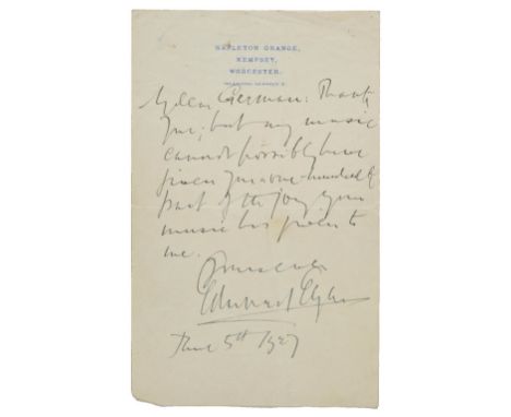 *Elgar (Edward, 1857-1934). Autograph letter signed, 'Edward Elgar', Napleton Grange, Kempsey, Worcester, 5 June 1927,  to th