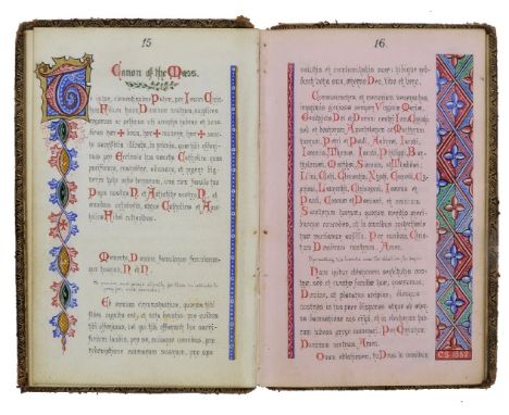 Illuminated Manuscript. A book of hours, circa 1870s,  pp.60, variously coloured leaves (pink, lilac, white), Latin text writ