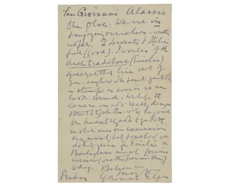 *Elgar (Edward, 1857-1934). Autograph postcard signed, 'Edward Elgar', San Giovanni, Alassio, postmarked 11 December 1903, to