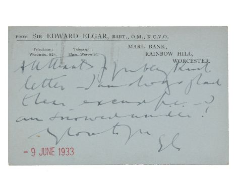 *Elgar (Edward, 1857-1934). Autograph postcard initialled, 'E.G', Marl Bank, Rainbow Hill, Worcester, red ink stamp receipt d