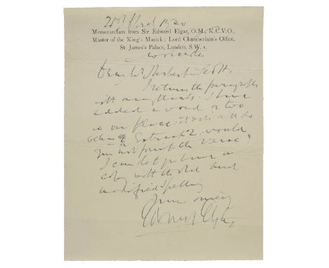 *Elgar (Edward, 1857-1934). Autograph letter signed, 'Edward Elgar', Worcester, 21 April 1930,  on memorandum notepaper as Ma