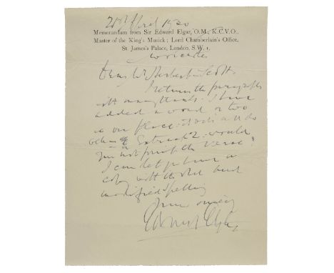 *Elgar (Edward, 1857-1934). Autograph letter signed, 'Edward Elgar', Worcester, 21 April 1930,  on memorandum notepaper as Ma