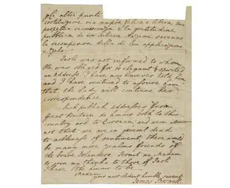 *Boswell (James, 1740-1795). Autograph letter signed, 'James Boswell', Edinburgh, 1 February 1768,  to Catharine Macaulay, in