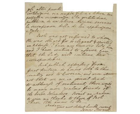 *Boswell (James, 1740-1795). Autograph letter signed, 'James Boswell', Edinburgh, 1 February 1768,  to Catharine Macaulay, in