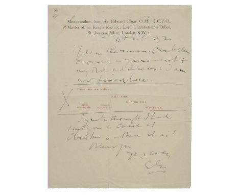*Elgar (Edward, 1857-1934). Autograph letter initialled 'E.E.', 4 December 1930,  on a pre-printed sheet of memorandum notepa