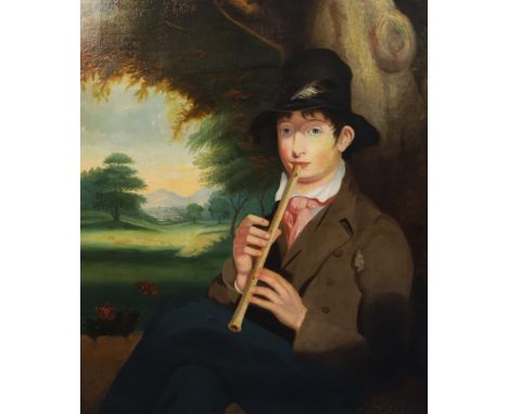 English School c.1840oil on canvasNaive portrait of a pipe player seated in a pastoral landscape35. x 28in.CONDITION: Oil on 