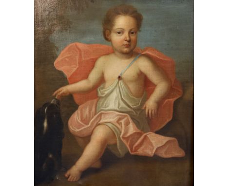 Late 18th Century English Schooloil on canvasFull length portrait of a child wearing classical robes seated beside a spaniel2