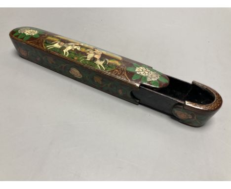 A Chinese scroll holder and a papier mache pen box, 22cm