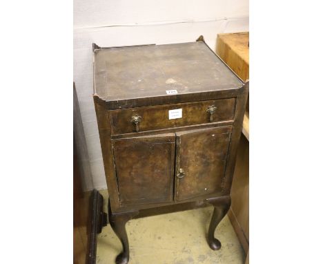 A George III style banded walnut tray top commode, width 46cm, depth 46cm, height 81cm