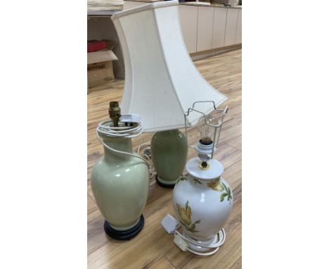 A pair lime-green glazed table lamps, 38cm, one with shade and one other earthenware lamp