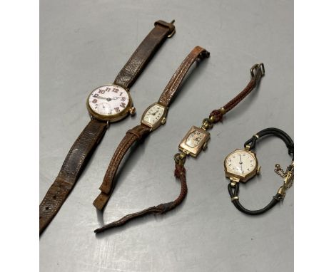 A 9ct gold vintage wristwatch with circular dial and subsidiary seconds dial (converted) and three other 9ct gold watches, tw