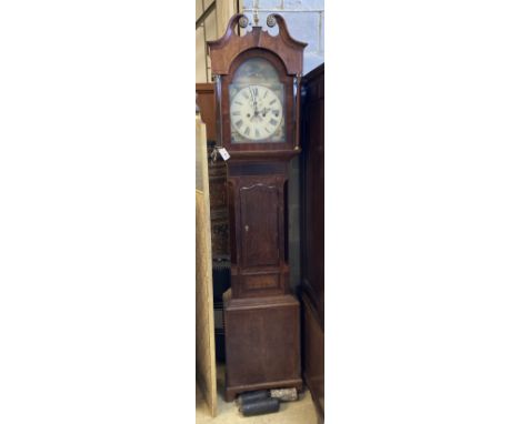 A Victorian oak eight-day longcase clock with painted Roman dial, height 222cm