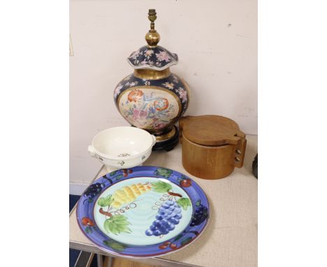 A large Chinese style baluster table lamp, a Wedgwood bowl and painted pottery dish (3)