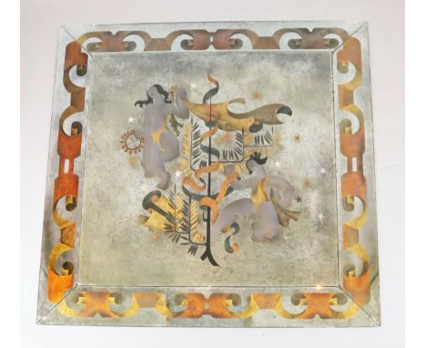 Robert Pansart (1909-1973). A reverse painted mirrored panel, depicting two figures dancing around a central ribbon entwined 