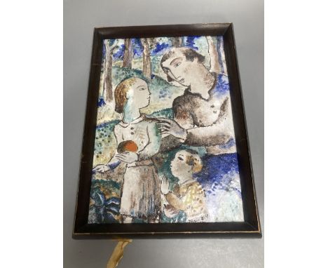 A Continental ceramic tin glazed pottery tile, painted with a young family, unsigned, 29 x 21cm