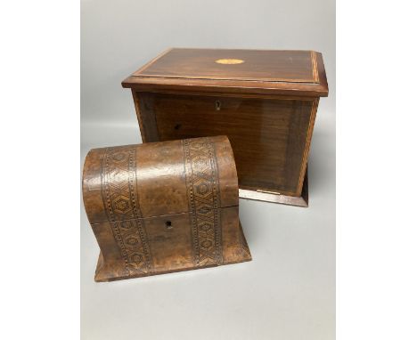 An Edwardian inlaid mahogany writing box, with hinged folding slope and fittings, 29cm, and a Victorian walnut and parquetry 