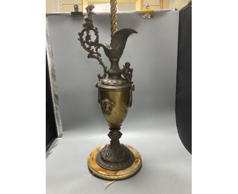 A table lamp in the form of a Renaissance style brass and spelter ewer, 72cm excl. light fitting