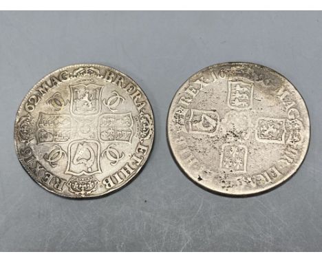 Charles II Crown 1662, first draped bust with rose below, edge undated, F/GF and a William III silver crown 1696, G with haym