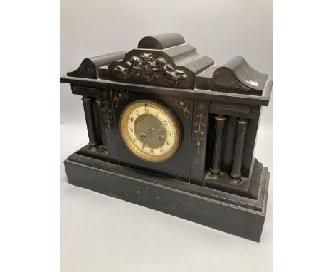A Victorian black slate mantel clock, 43cm wide, 33cm high